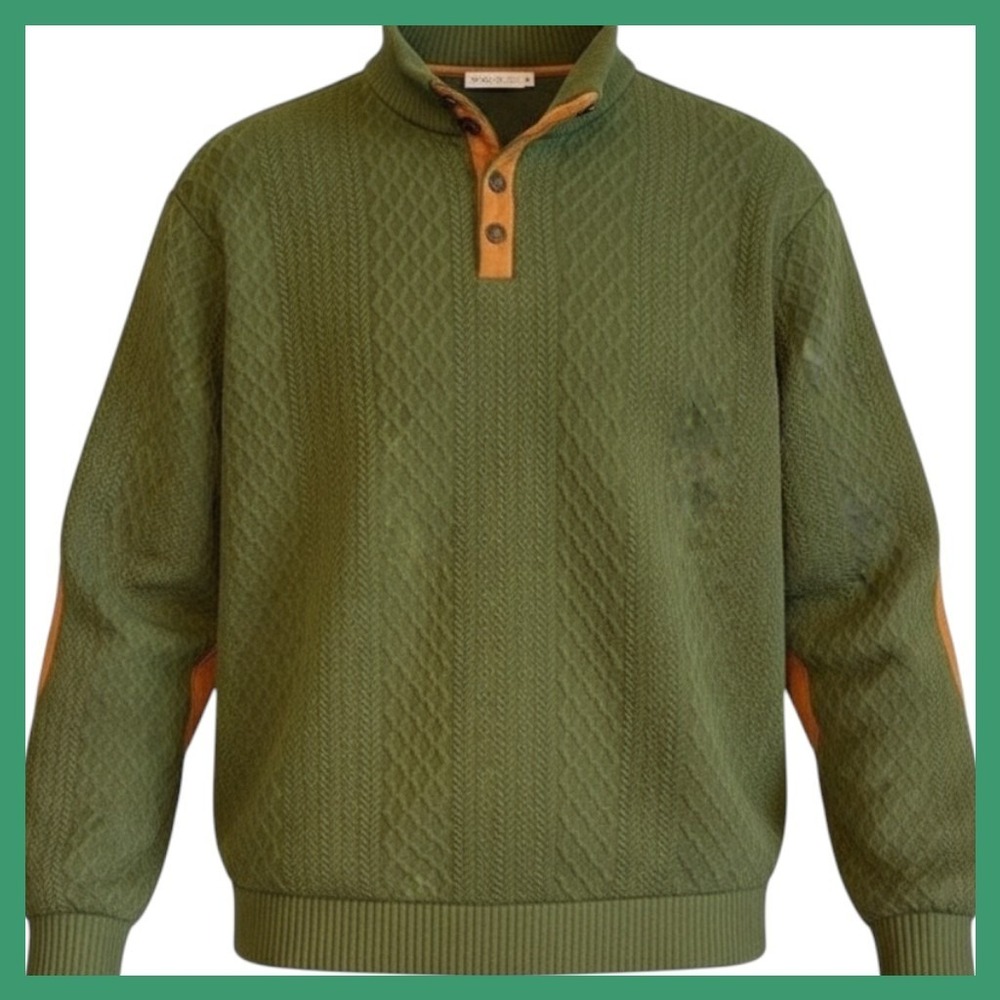 Olive Green Textured Pullover XL Elbow Patches Collared Button Sweater